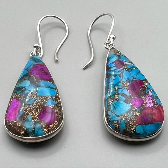 New Sim Blue Turquoise and Fuchsia Spiny Oyster Acrylic Silver Overlay Earrings - Picture 4 of 7